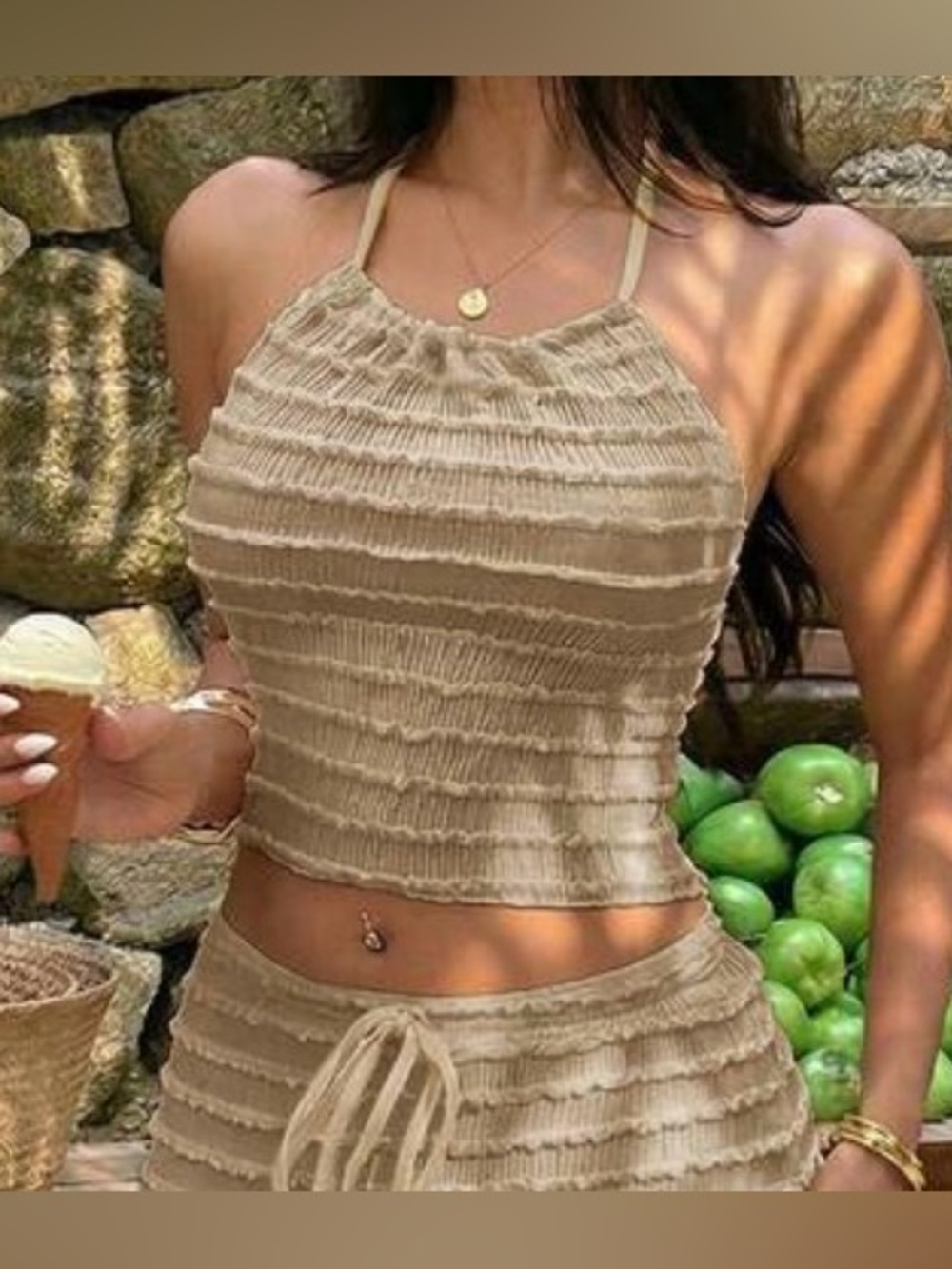 Beige Smocked Halter Crop Top